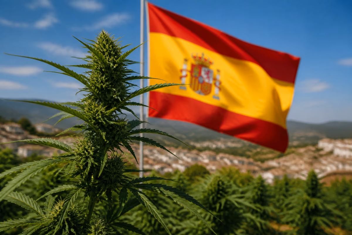 Planta de canábis em floração diante de uma bandeira de Espanha a ondular e uma vila branca nas colinas