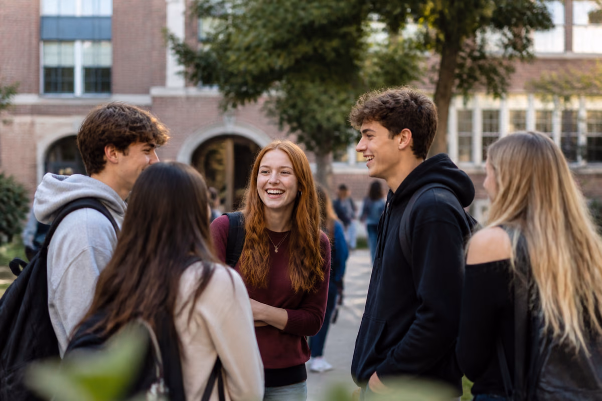 Cinco adolescentes sorridentes com mochilas conversam em frente a um edifício escolar de tijolo