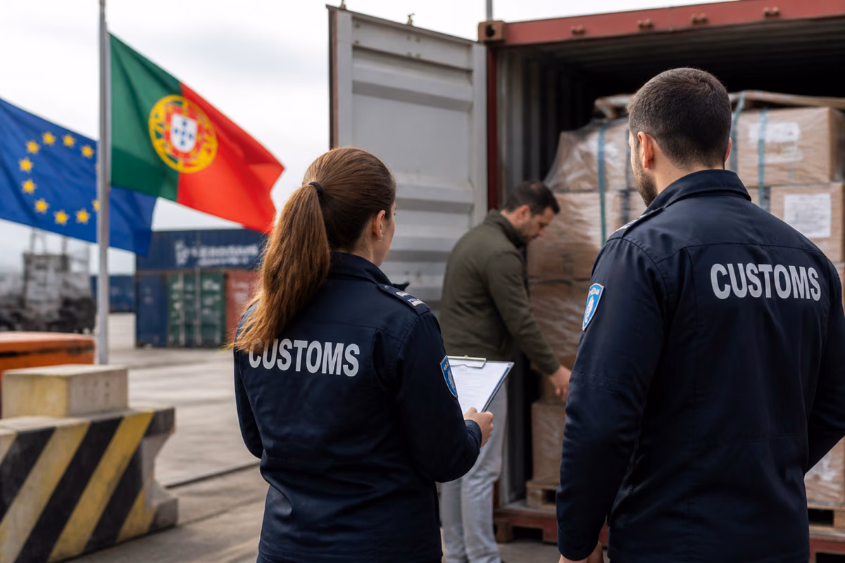 Agentes aduaneiros observam um homem a verificar caixas num contentor no porto, junto às bandeiras de Portugal e UE