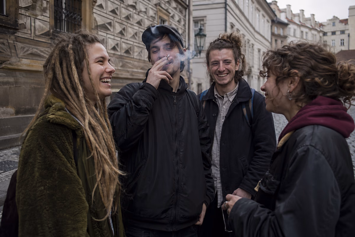 Grupo de jovens sorrindo numa rua europeia enquanto um rapaz de boina fuma um cigarro