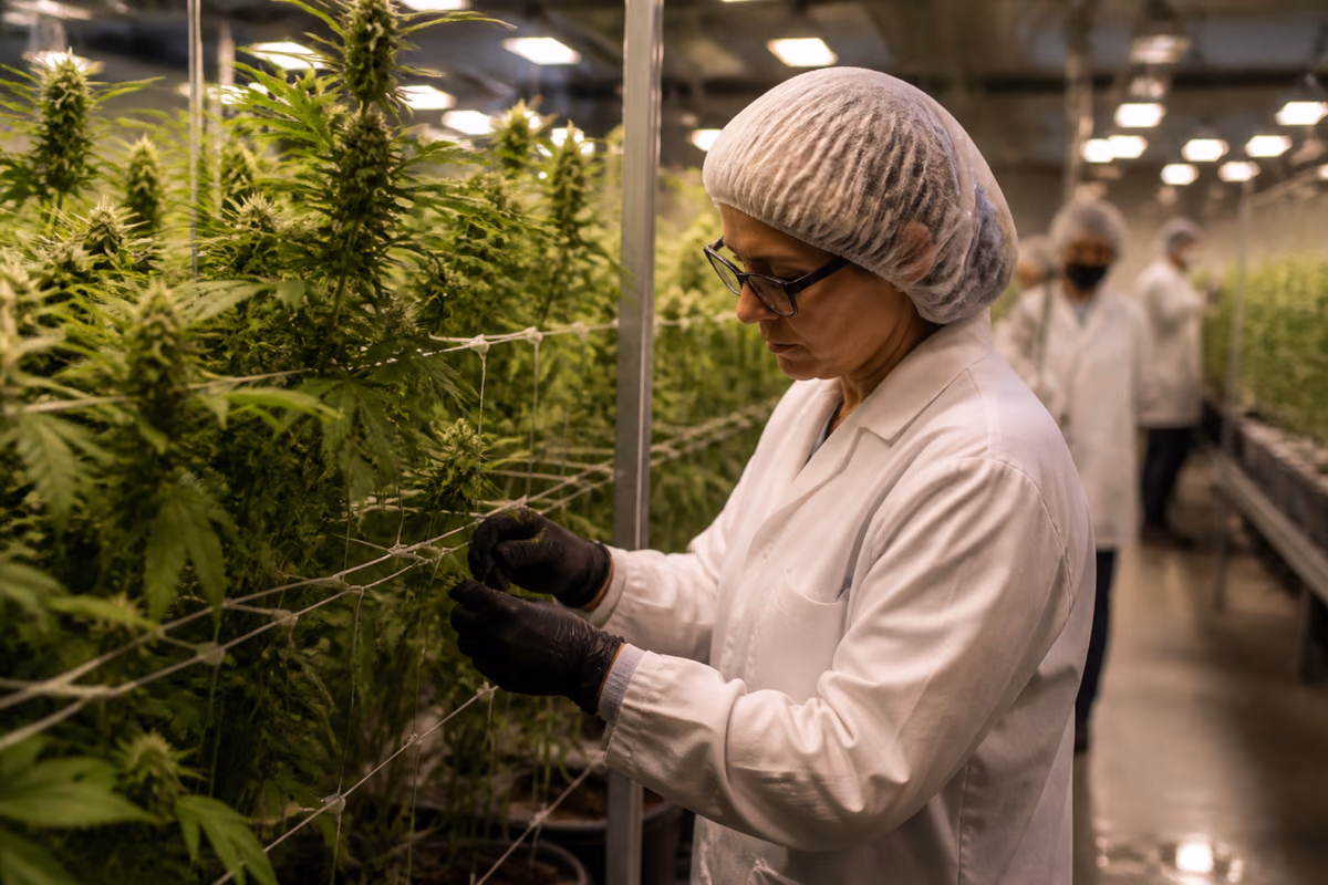 Trabalhadora com jaleco branco e touca inspeciona plantas de cannabis em estufa de cultivo medicinal indoor