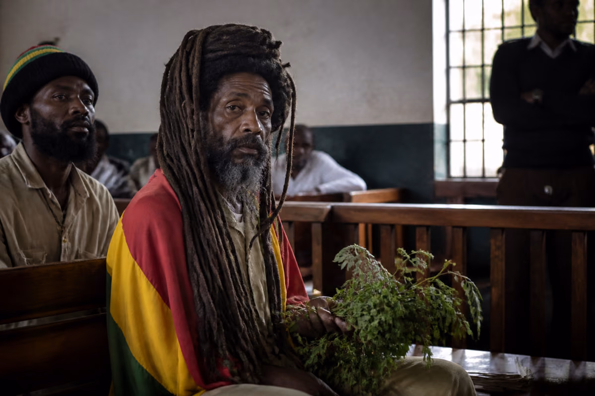 Homem idoso com longos dreadlocks, envolto numa bandeira vermelha, amarela e verde, segura folhas num tribunal
